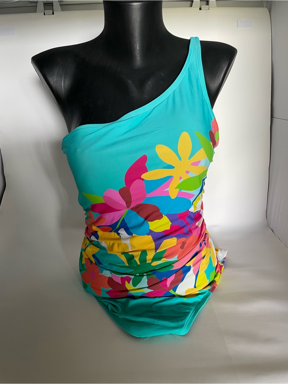 Turquoise One-Shoulder Floral Swimsuit